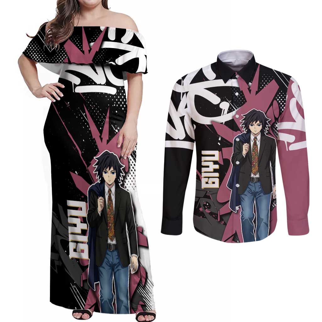 Giyu Tomioka Demon Slayer Couples Matching Off Shoulder Maxi Dress and Long Sleeve Button Shirt Red & Black Graffiti Anime
