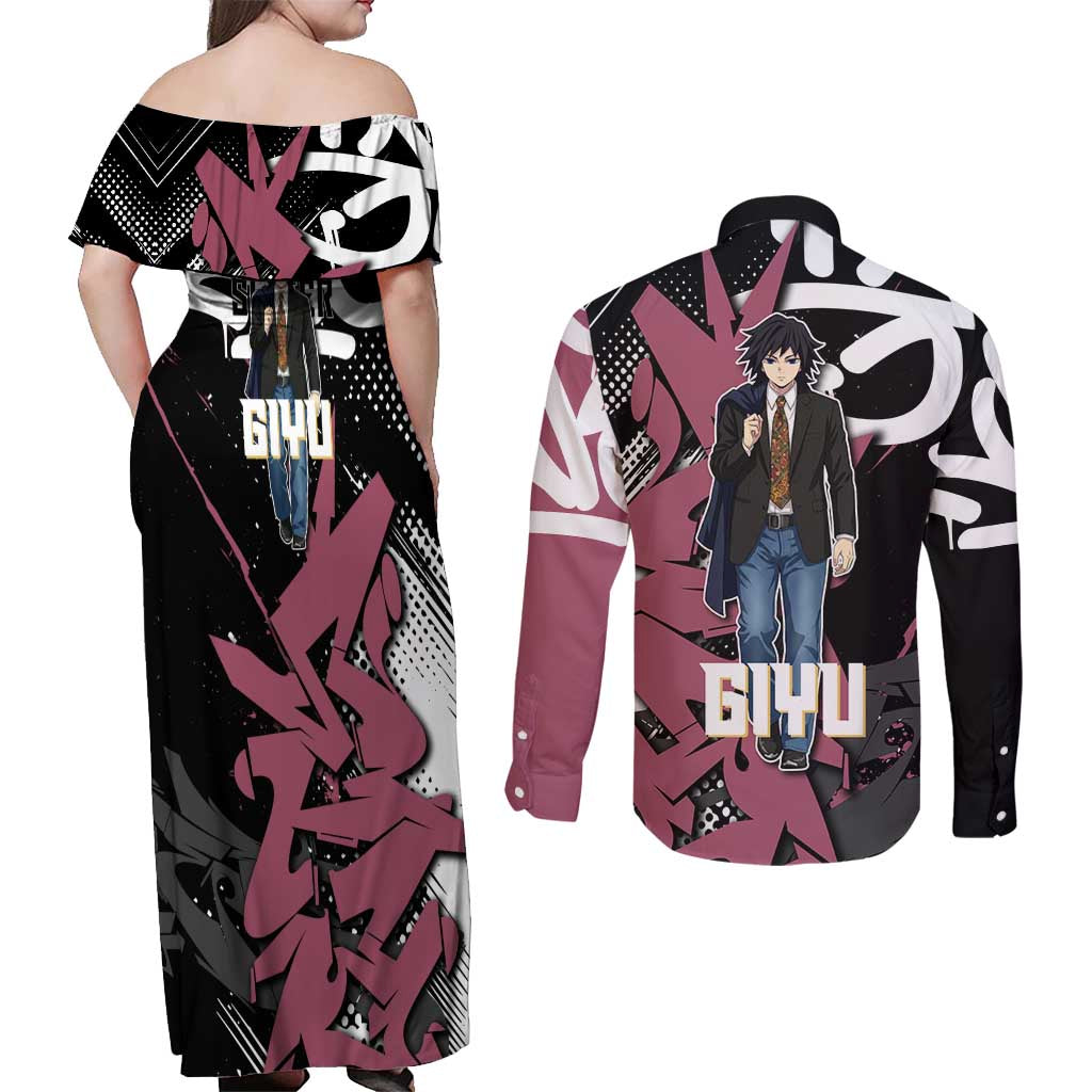 Giyu Tomioka Demon Slayer Couples Matching Off Shoulder Maxi Dress and Long Sleeve Button Shirt Red & Black Graffiti Anime
