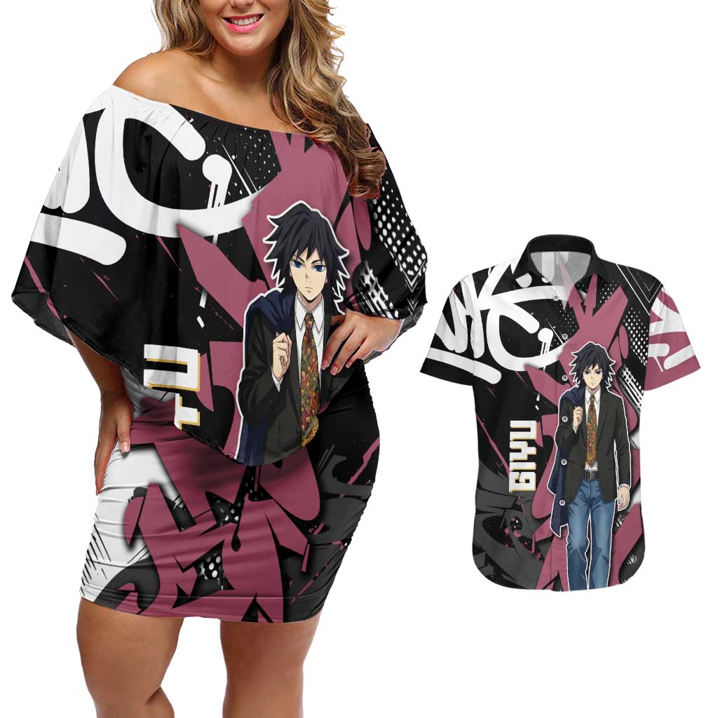 Giyu Tomioka Demon Slayer Couples Matching Off Shoulder Short Dress and Hawaiian Shirt Red & Black Graffiti Anime