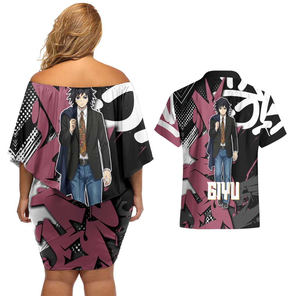 Giyu Tomioka Demon Slayer Couples Matching Off Shoulder Short Dress and Hawaiian Shirt Red & Black Graffiti Anime
