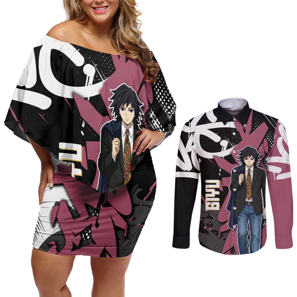 Giyu Tomioka Demon Slayer Couples Matching Off Shoulder Short Dress and Long Sleeve Button Shirt Red & Black Graffiti Anime