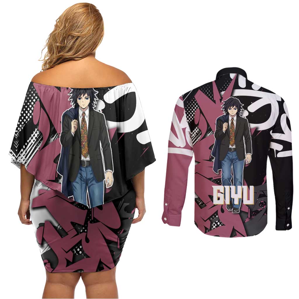 Giyu Tomioka Demon Slayer Couples Matching Off Shoulder Short Dress and Long Sleeve Button Shirt Red & Black Graffiti Anime