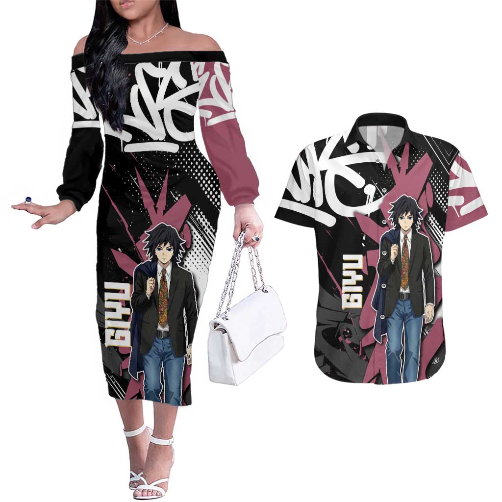 Giyu Tomioka Demon Slayer Couples Matching Off The Shoulder Long Sleeve Dress and Hawaiian Shirt Red & Black Graffiti Anime