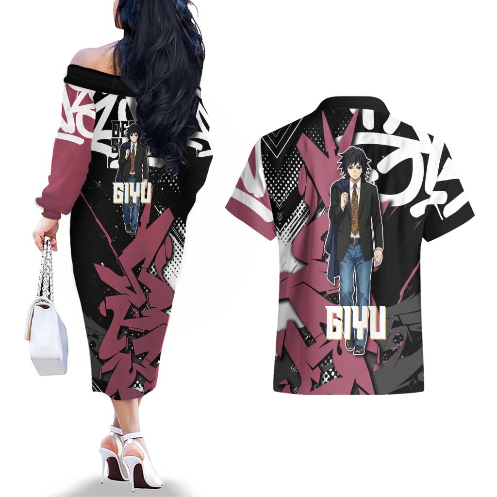 Giyu Tomioka Demon Slayer Couples Matching Off The Shoulder Long Sleeve Dress and Hawaiian Shirt Red & Black Graffiti Anime