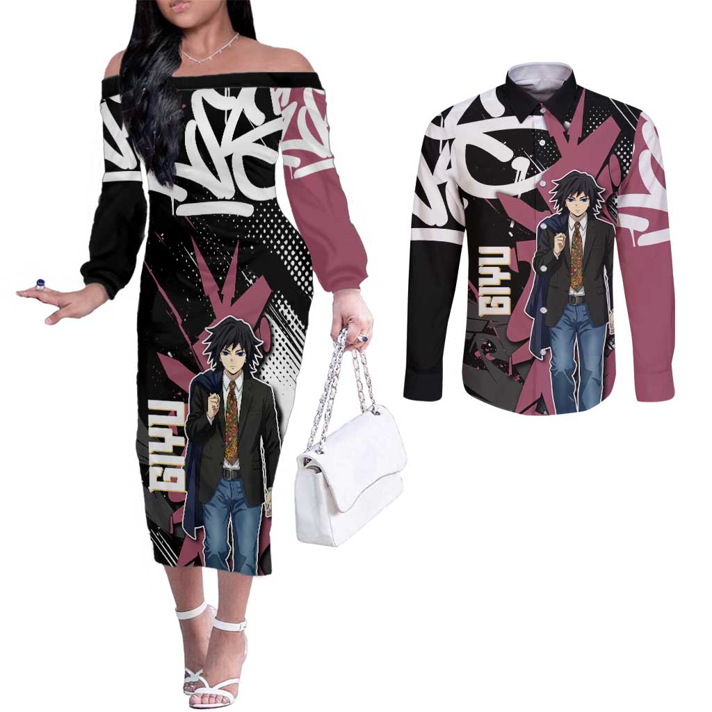 Giyu Tomioka Demon Slayer Couples Matching Off The Shoulder Long Sleeve Dress and Long Sleeve Button Shirt Red & Black Graffiti Anime
