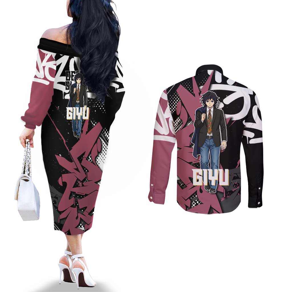 Giyu Tomioka Demon Slayer Couples Matching Off The Shoulder Long Sleeve Dress and Long Sleeve Button Shirt Red & Black Graffiti Anime