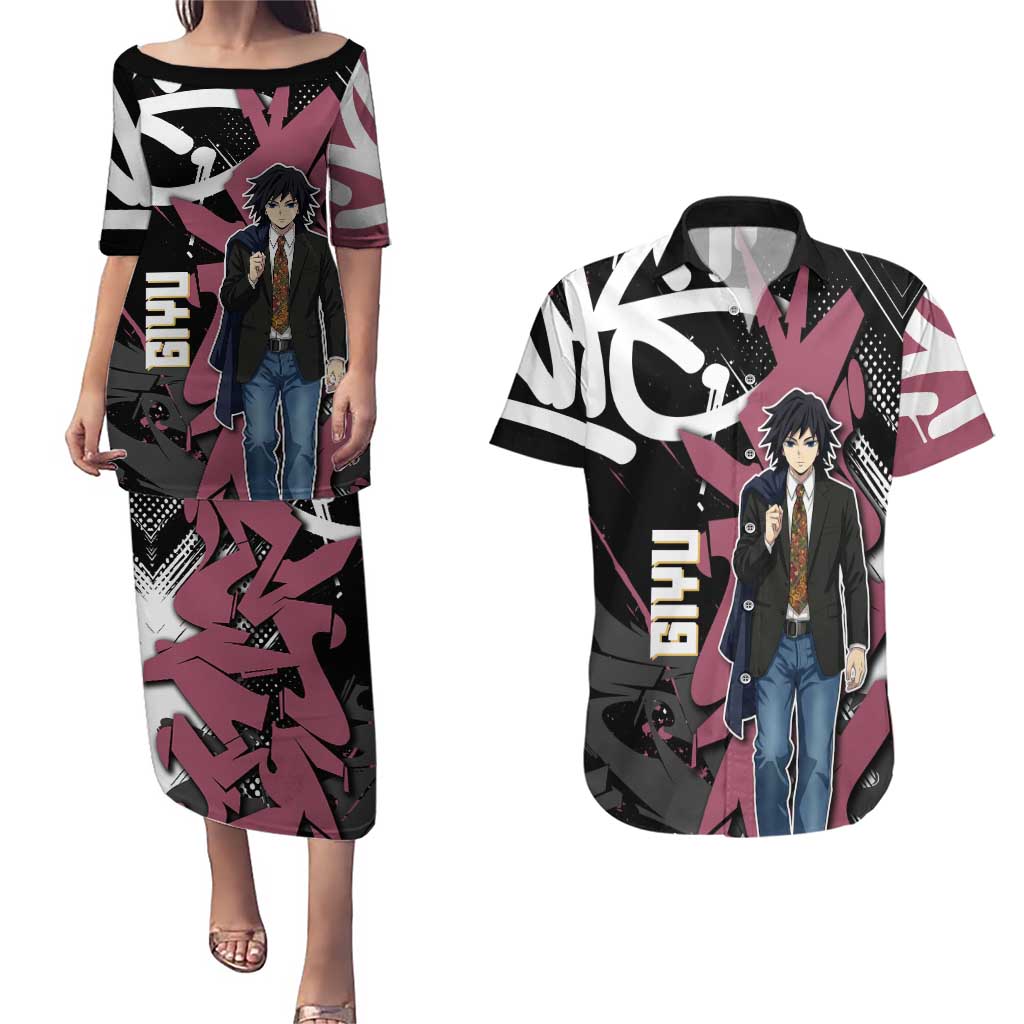 Giyu Tomioka Demon Slayer Couples Matching Puletasi and Hawaiian Shirt Red & Black Graffiti Anime