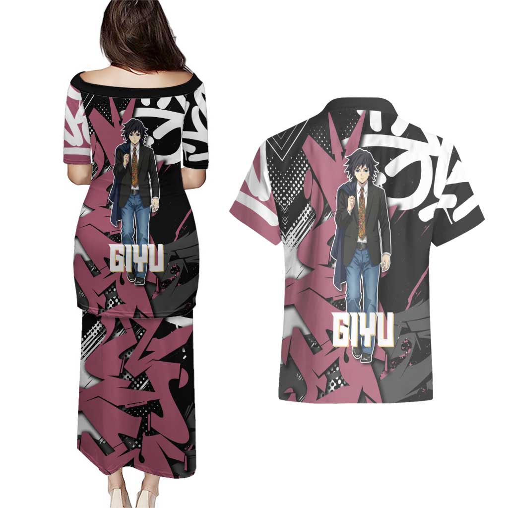 Giyu Tomioka Demon Slayer Couples Matching Puletasi and Hawaiian Shirt Red & Black Graffiti Anime