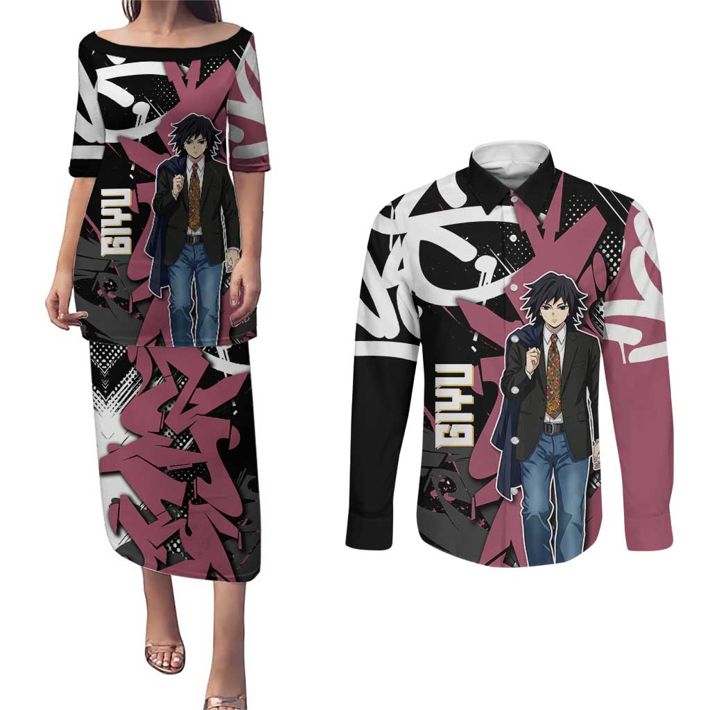 Giyu Tomioka Demon Slayer Couples Matching Puletasi and Long Sleeve Button Shirt Red & Black Graffiti Anime