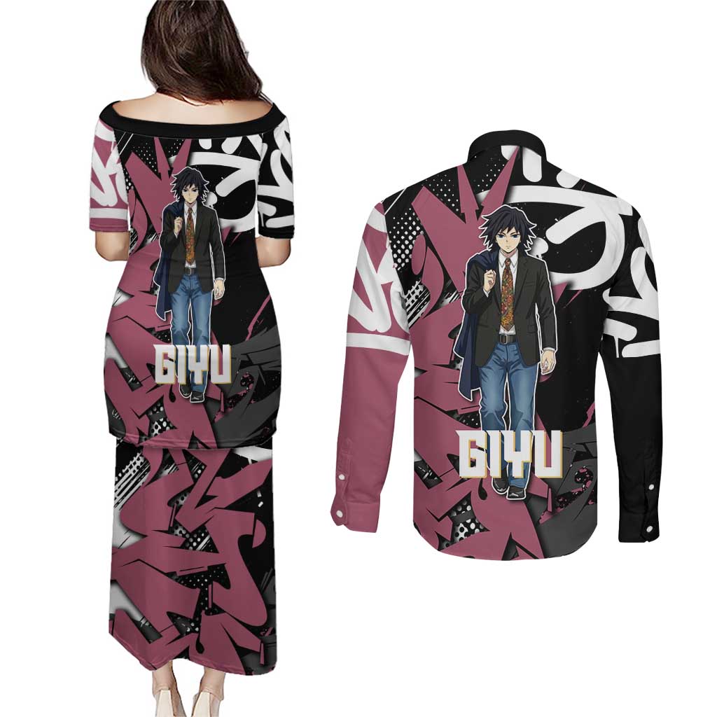 Giyu Tomioka Demon Slayer Couples Matching Puletasi and Long Sleeve Button Shirt Red & Black Graffiti Anime