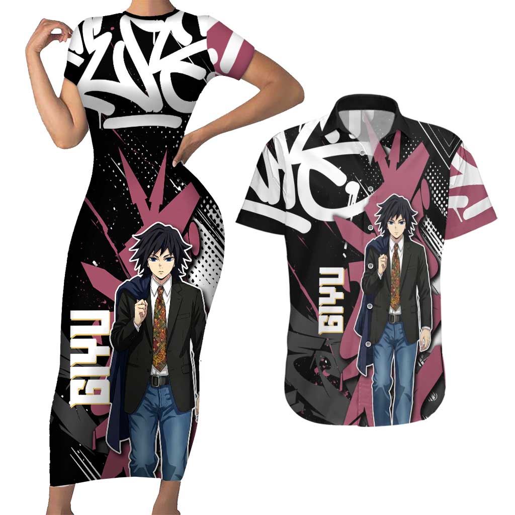 Giyu Tomioka Demon Slayer Couples Matching Short Sleeve Bodycon Dress and Hawaiian Shirt Red & Black Graffiti Anime