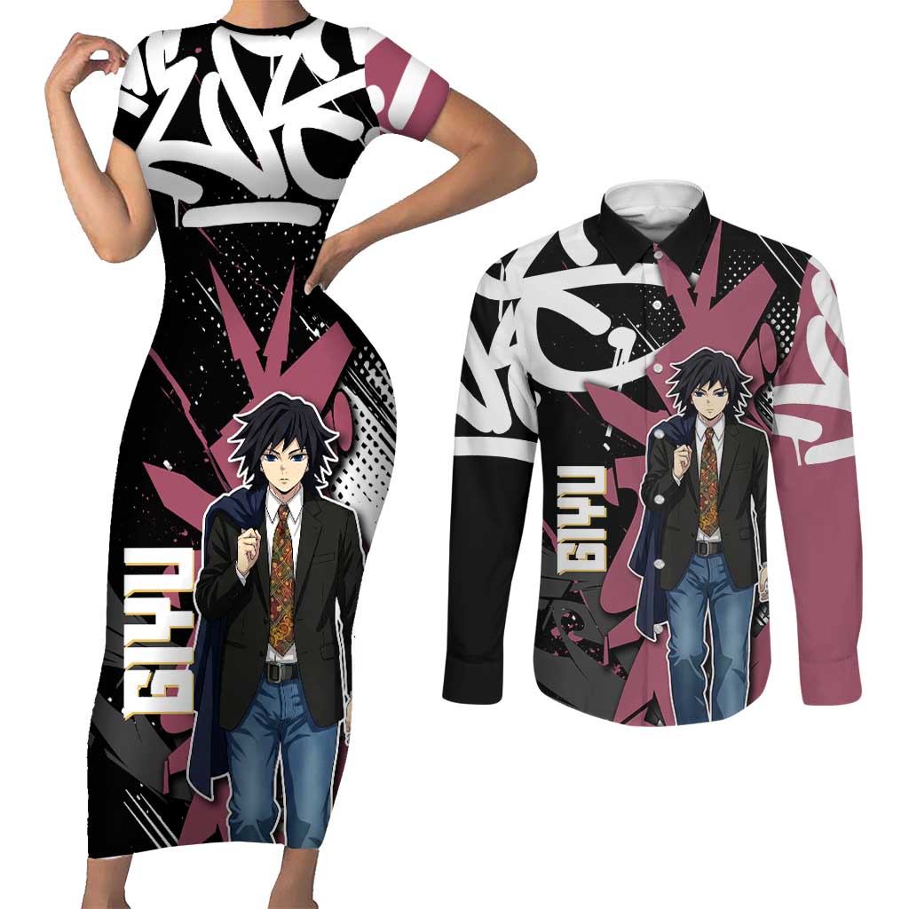 Giyu Tomioka Demon Slayer Couples Matching Short Sleeve Bodycon Dress and Long Sleeve Button Shirt Red & Black Graffiti Anime