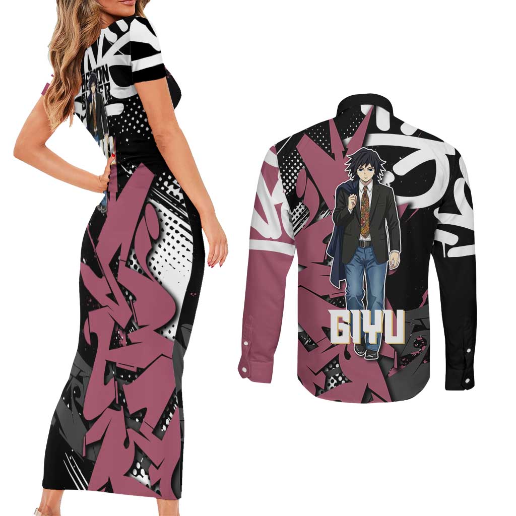 Giyu Tomioka Demon Slayer Couples Matching Short Sleeve Bodycon Dress and Long Sleeve Button Shirt Red & Black Graffiti Anime