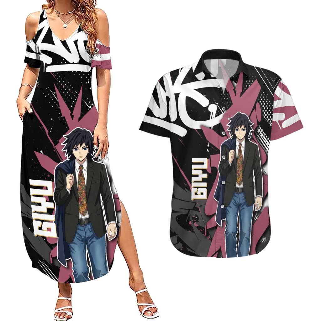 Giyu Tomioka Demon Slayer Couples Matching Summer Maxi Dress and Hawaiian Shirt Red & Black Graffiti Anime