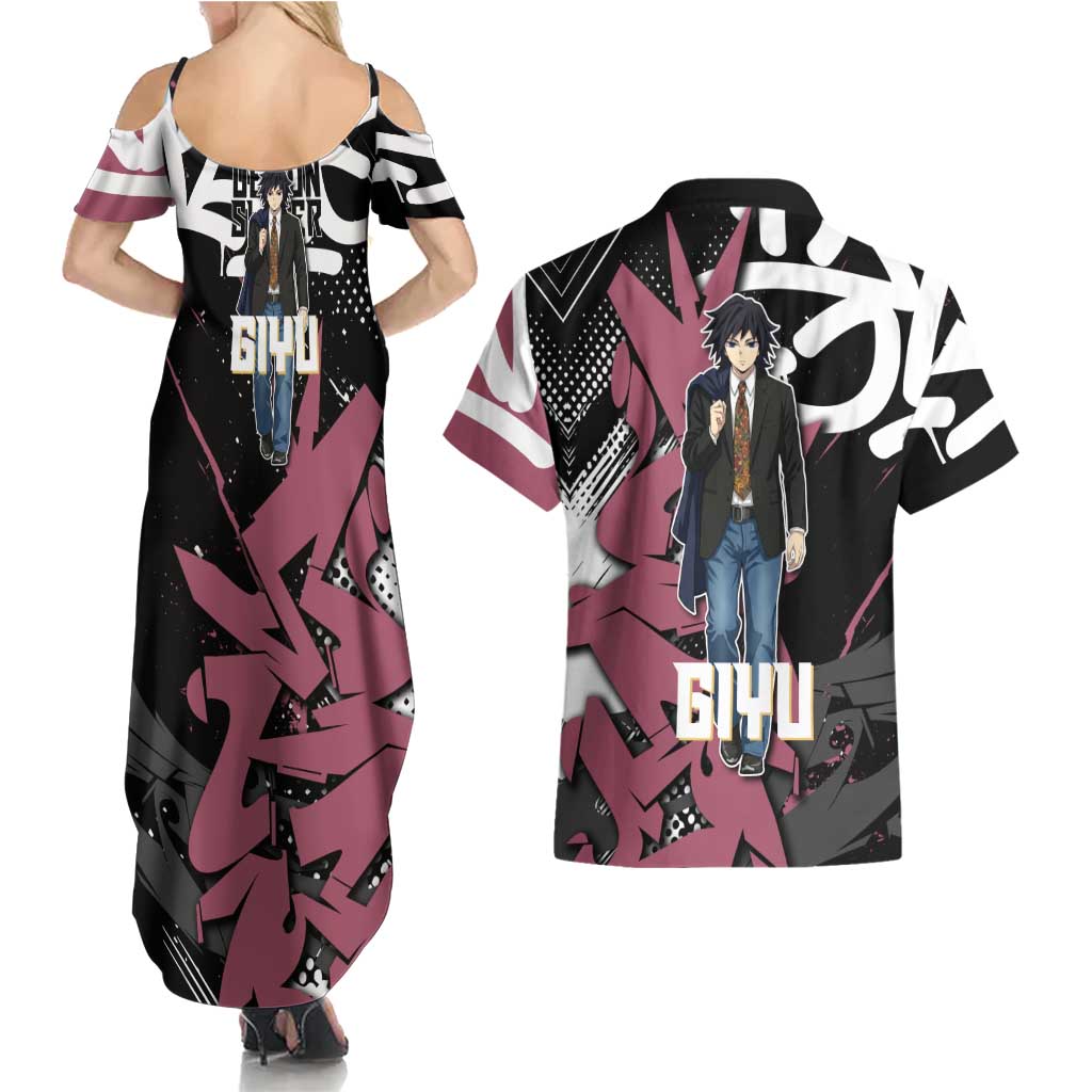 Giyu Tomioka Demon Slayer Couples Matching Summer Maxi Dress and Hawaiian Shirt Red & Black Graffiti Anime