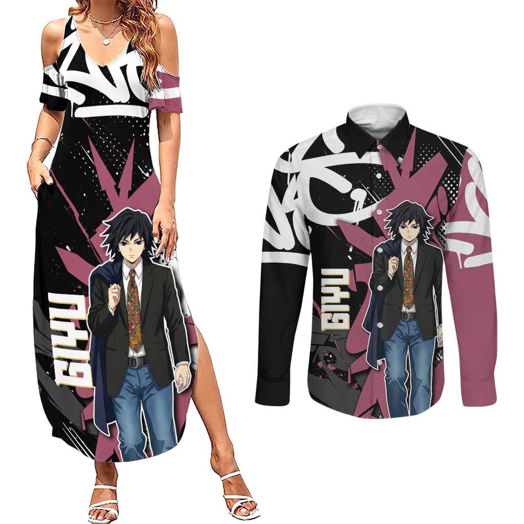 Giyu Tomioka Demon Slayer Couples Matching Summer Maxi Dress and Long Sleeve Button Shirt Red & Black Graffiti Anime