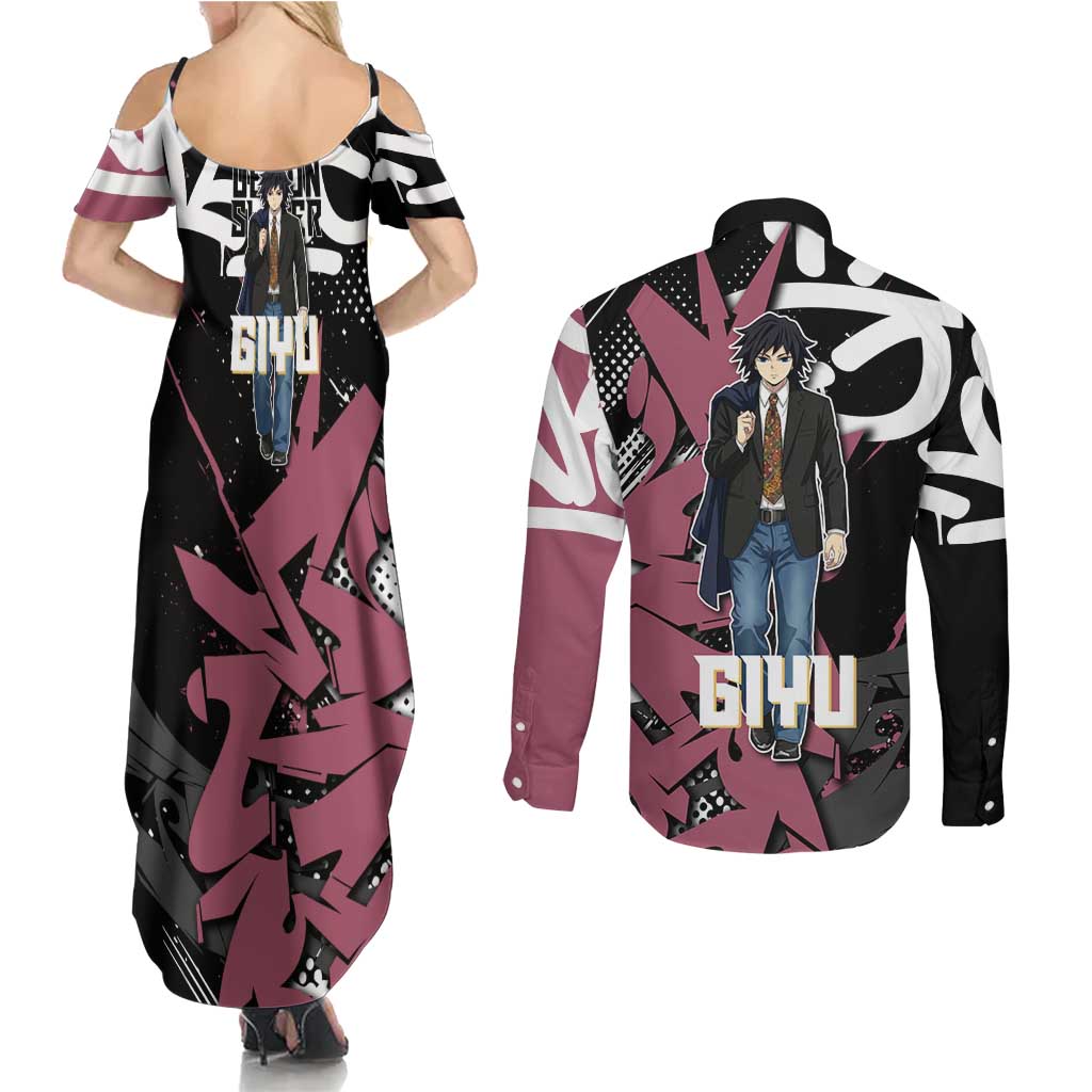 Giyu Tomioka Demon Slayer Couples Matching Summer Maxi Dress and Long Sleeve Button Shirt Red & Black Graffiti Anime