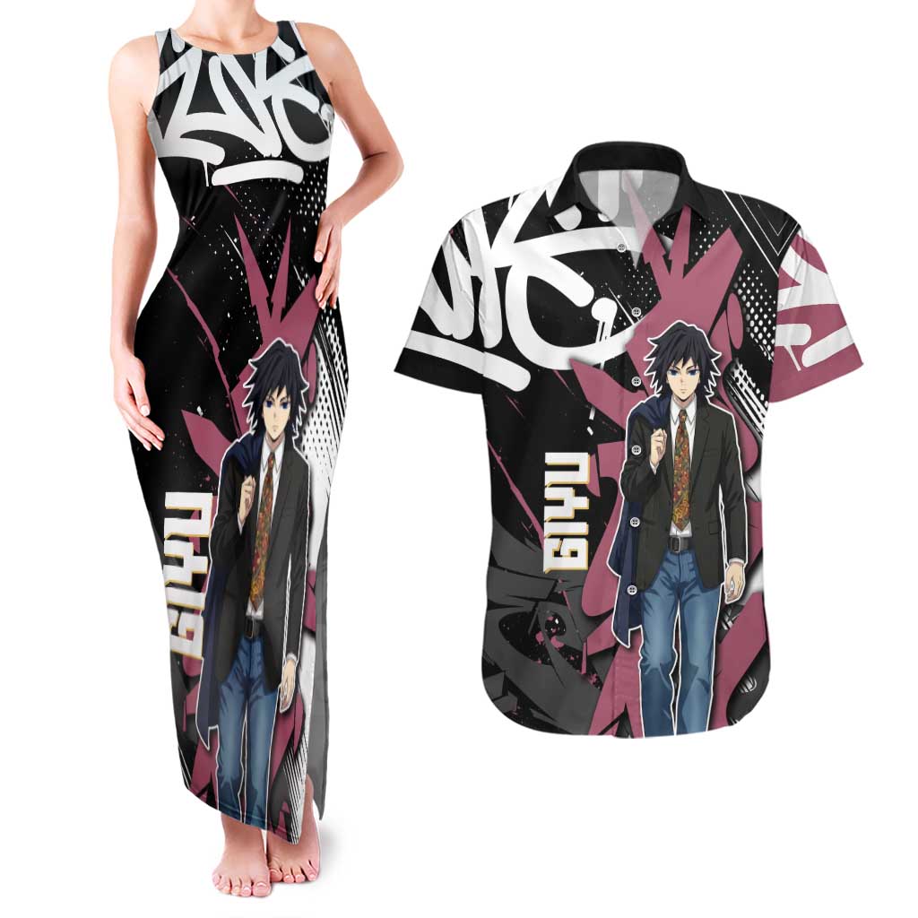 Giyu Tomioka Demon Slayer Couples Matching Tank Maxi Dress and Hawaiian Shirt Red & Black Graffiti Anime