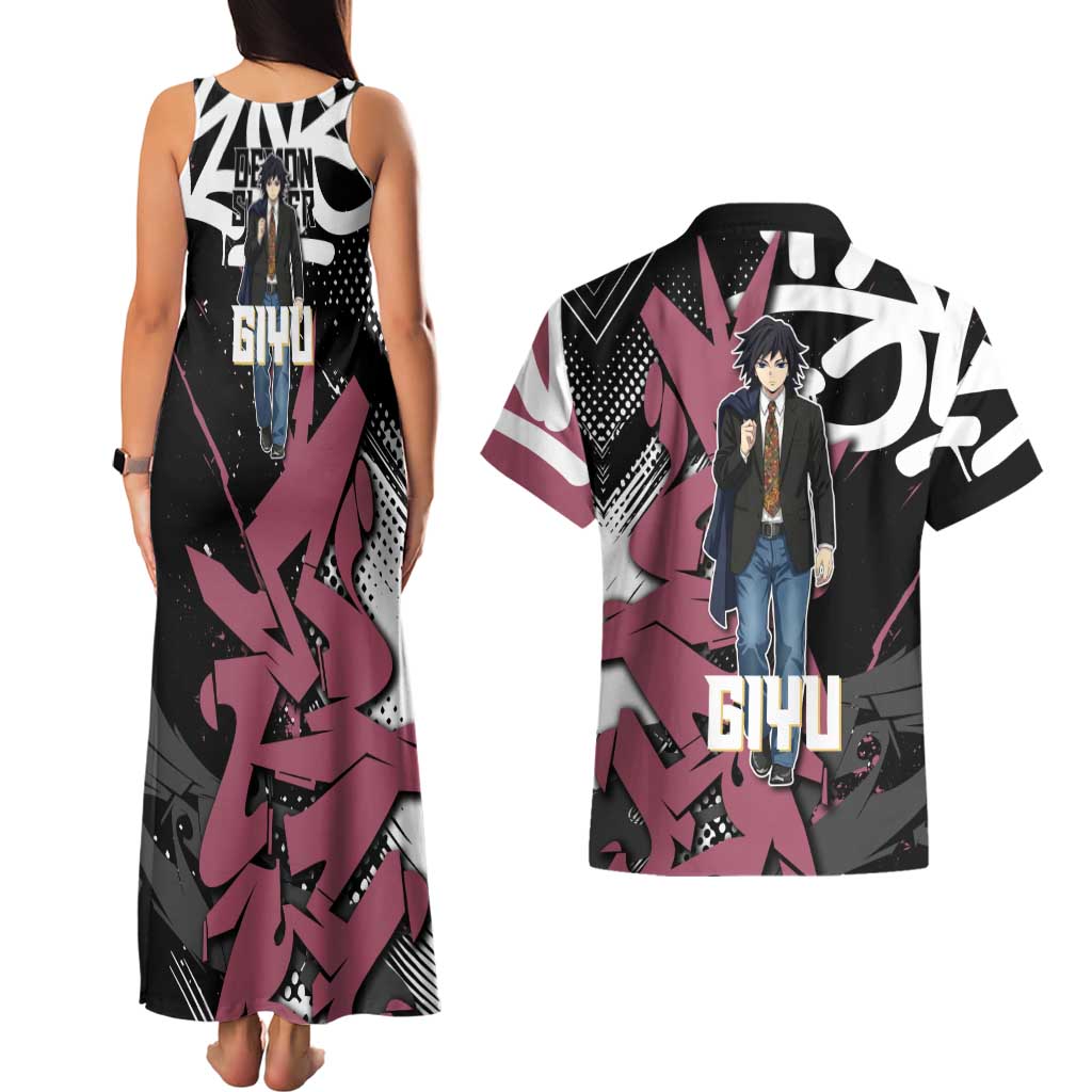 Giyu Tomioka Demon Slayer Couples Matching Tank Maxi Dress and Hawaiian Shirt Red & Black Graffiti Anime
