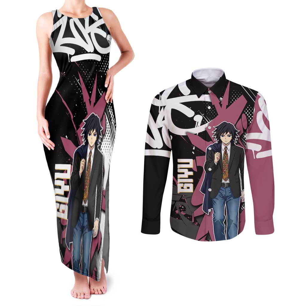 Giyu Tomioka Demon Slayer Couples Matching Tank Maxi Dress and Long Sleeve Button Shirt Red & Black Graffiti Anime