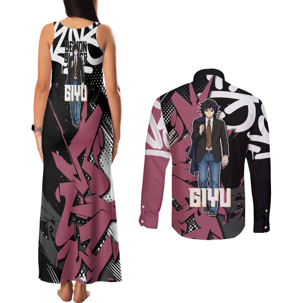 Giyu Tomioka Demon Slayer Couples Matching Tank Maxi Dress and Long Sleeve Button Shirt Red & Black Graffiti Anime
