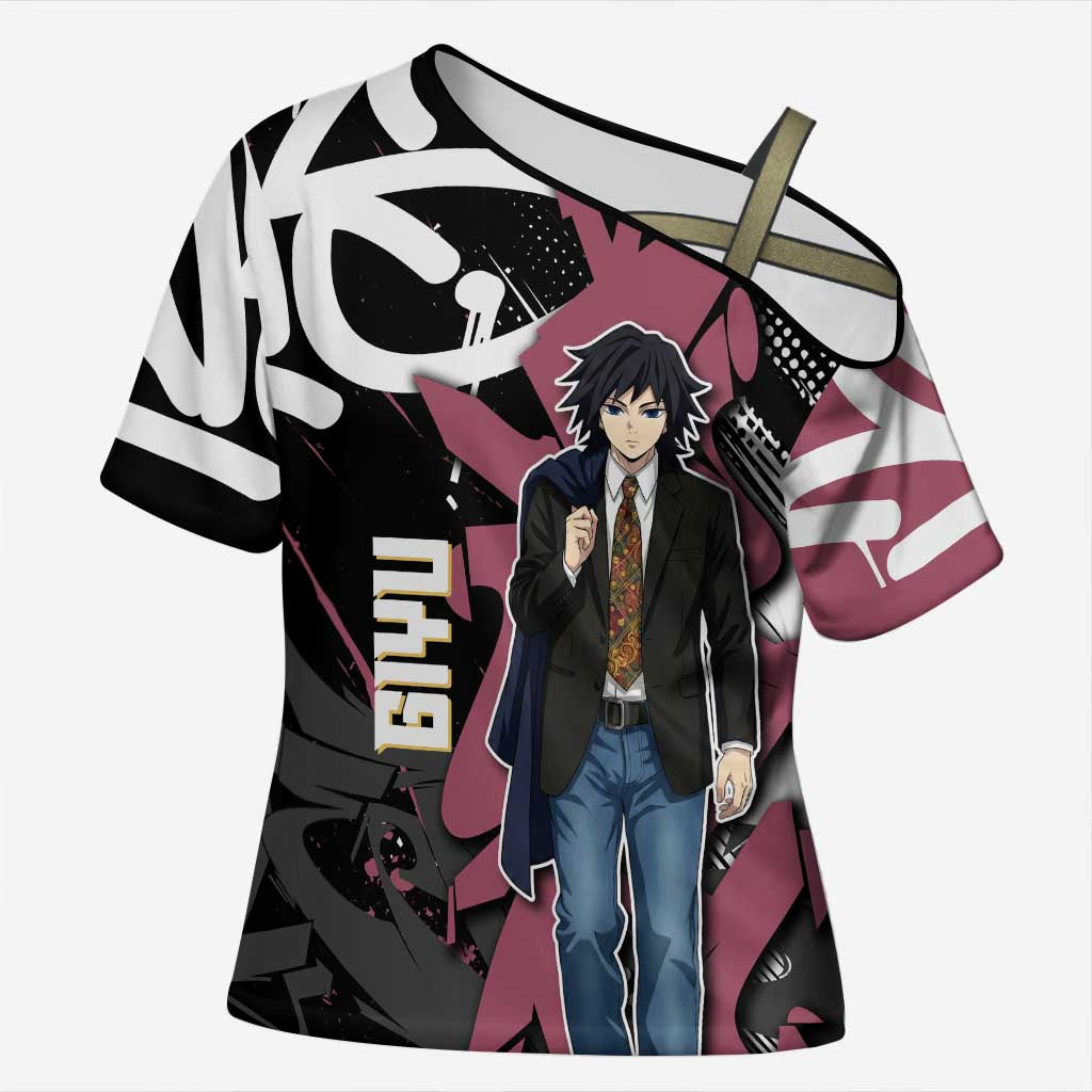 Giyu Tomioka Demon Slayer Cross Shoulder Shirt Red & Black Graffiti Anime