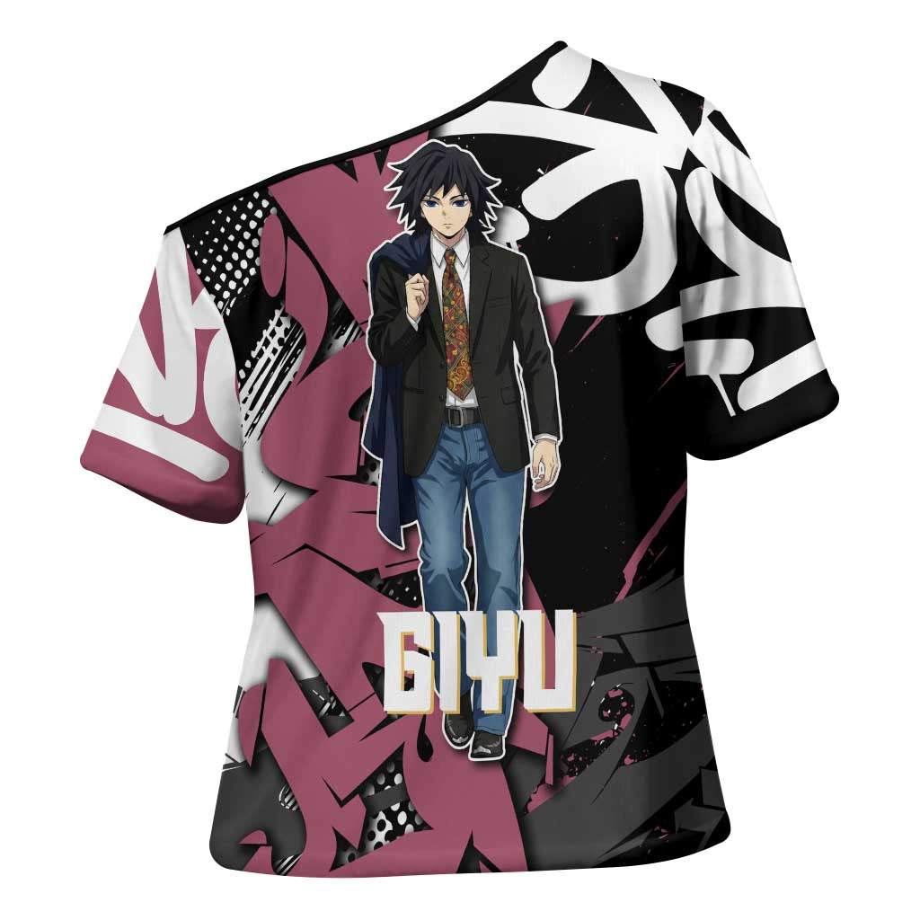 Giyu Tomioka Demon Slayer Cross Shoulder Shirt Red & Black Graffiti Anime