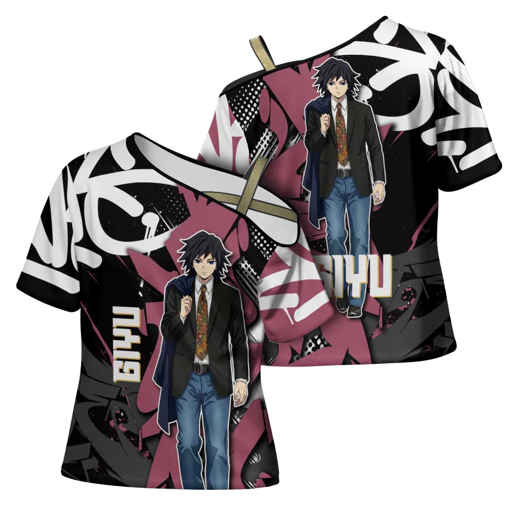 Giyu Tomioka Demon Slayer Cross Shoulder Shirt Red & Black Graffiti Anime