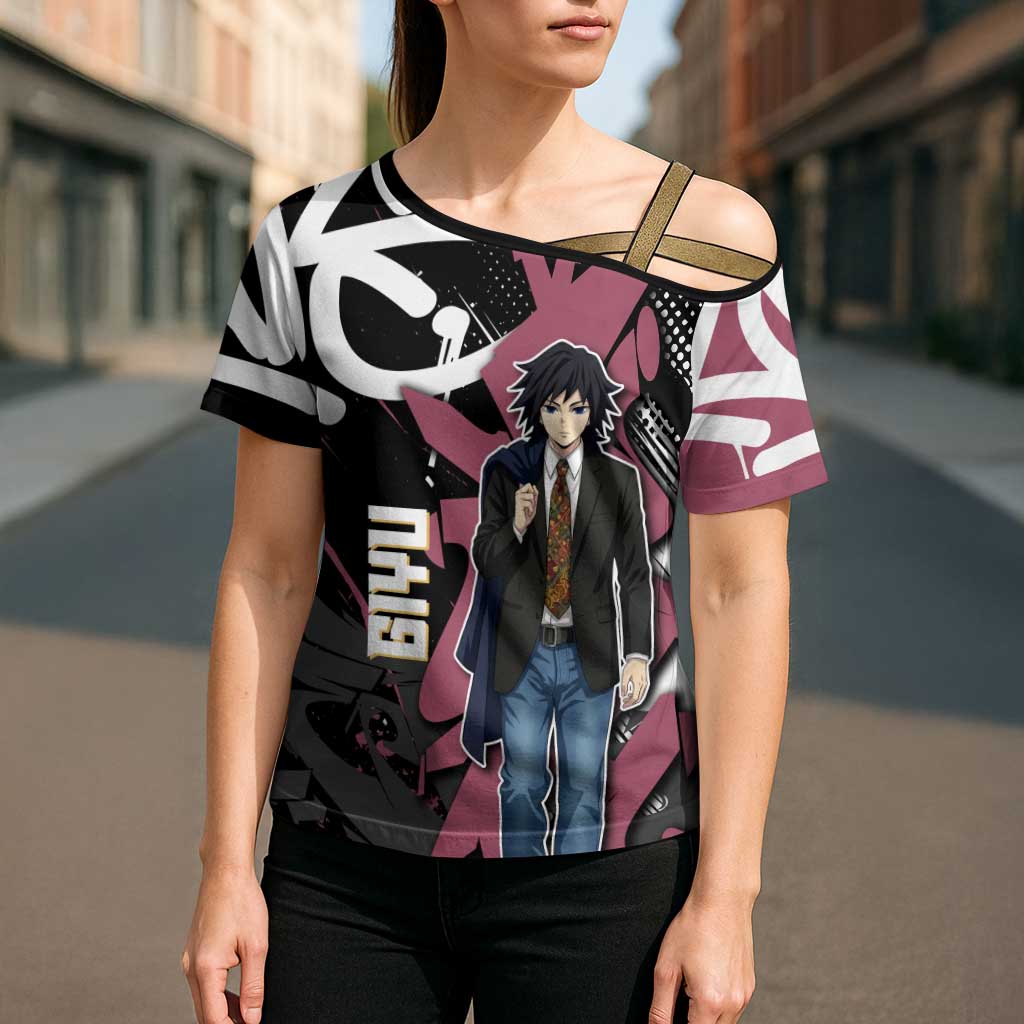 Giyu Tomioka Demon Slayer Cross Shoulder Shirt Red & Black Graffiti Anime