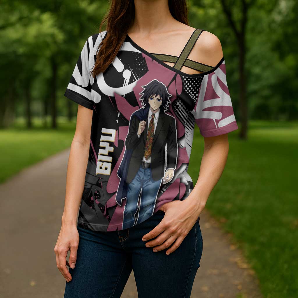 Giyu Tomioka Demon Slayer Cross Shoulder Shirt Red & Black Graffiti Anime