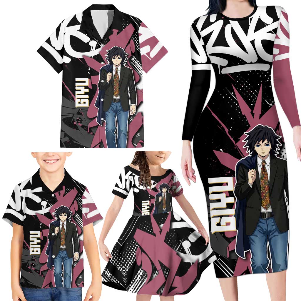 Giyu Tomioka Demon Slayer Family Matching Long Sleeve Bodycon Dress and Hawaiian Shirt Red & Black Graffiti Anime