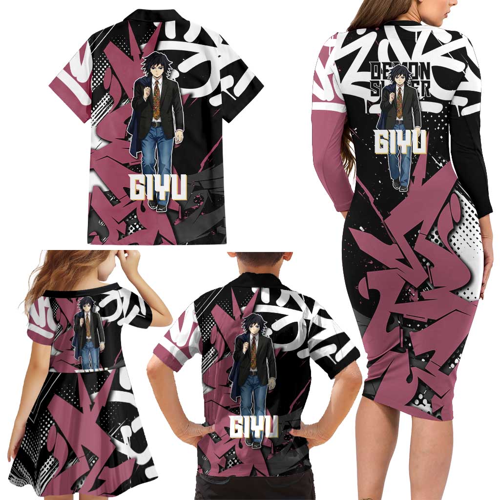Giyu Tomioka Demon Slayer Family Matching Long Sleeve Bodycon Dress and Hawaiian Shirt Red & Black Graffiti Anime