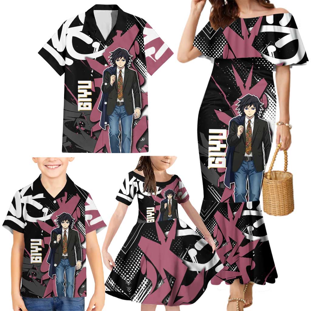 Giyu Tomioka Demon Slayer Family Matching Mermaid Dress and Hawaiian Shirt Red & Black Graffiti Anime