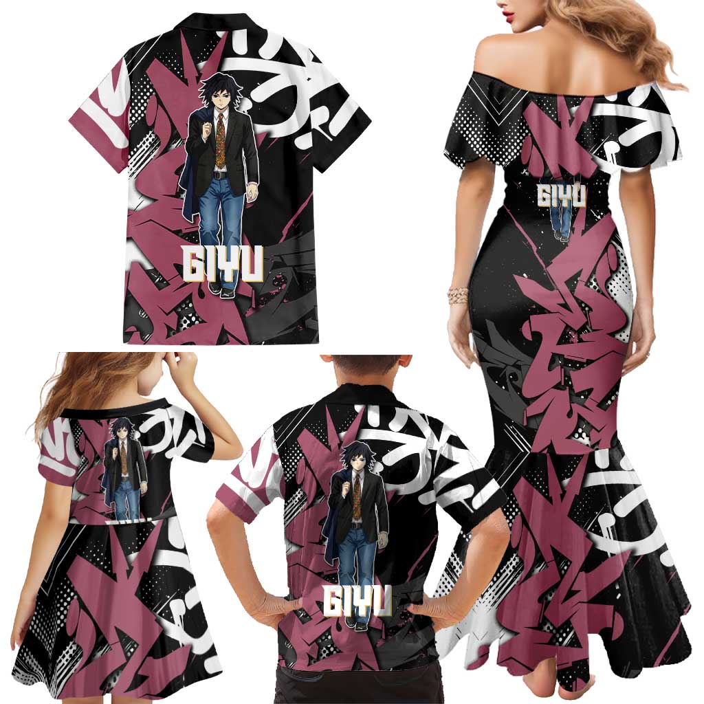 Giyu Tomioka Demon Slayer Family Matching Mermaid Dress and Hawaiian Shirt Red & Black Graffiti Anime