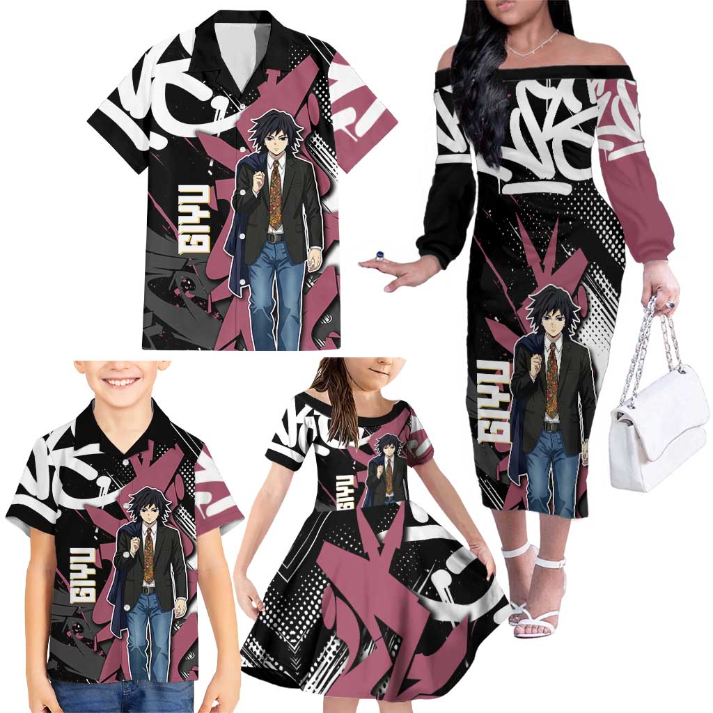 Giyu Tomioka Demon Slayer Family Matching Off The Shoulder Long Sleeve Dress and Hawaiian Shirt Red & Black Graffiti Anime