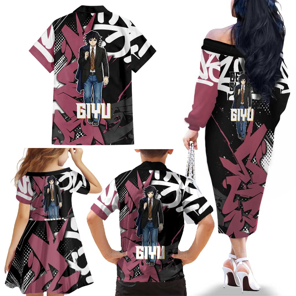 Giyu Tomioka Demon Slayer Family Matching Off The Shoulder Long Sleeve Dress and Hawaiian Shirt Red & Black Graffiti Anime