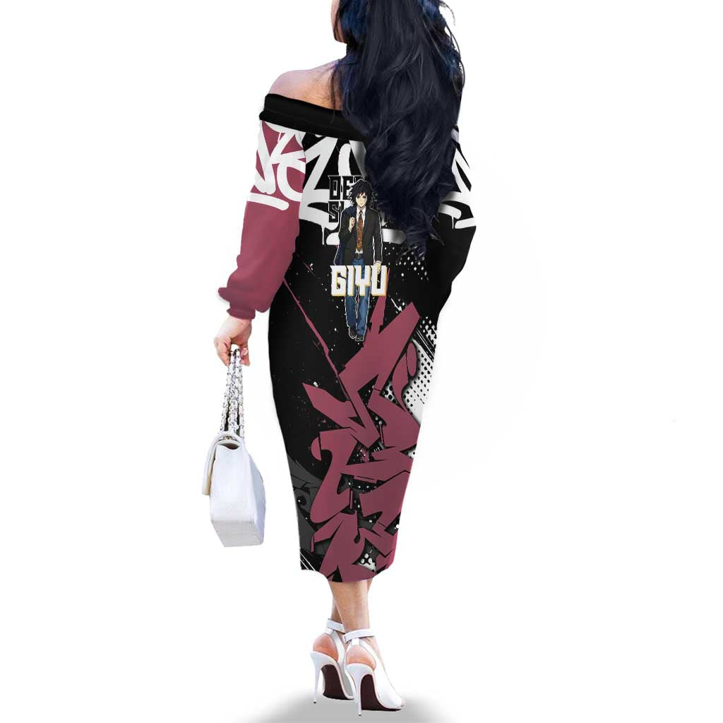 Giyu Tomioka Demon Slayer Family Matching Off The Shoulder Long Sleeve Dress and Hawaiian Shirt Red & Black Graffiti Anime