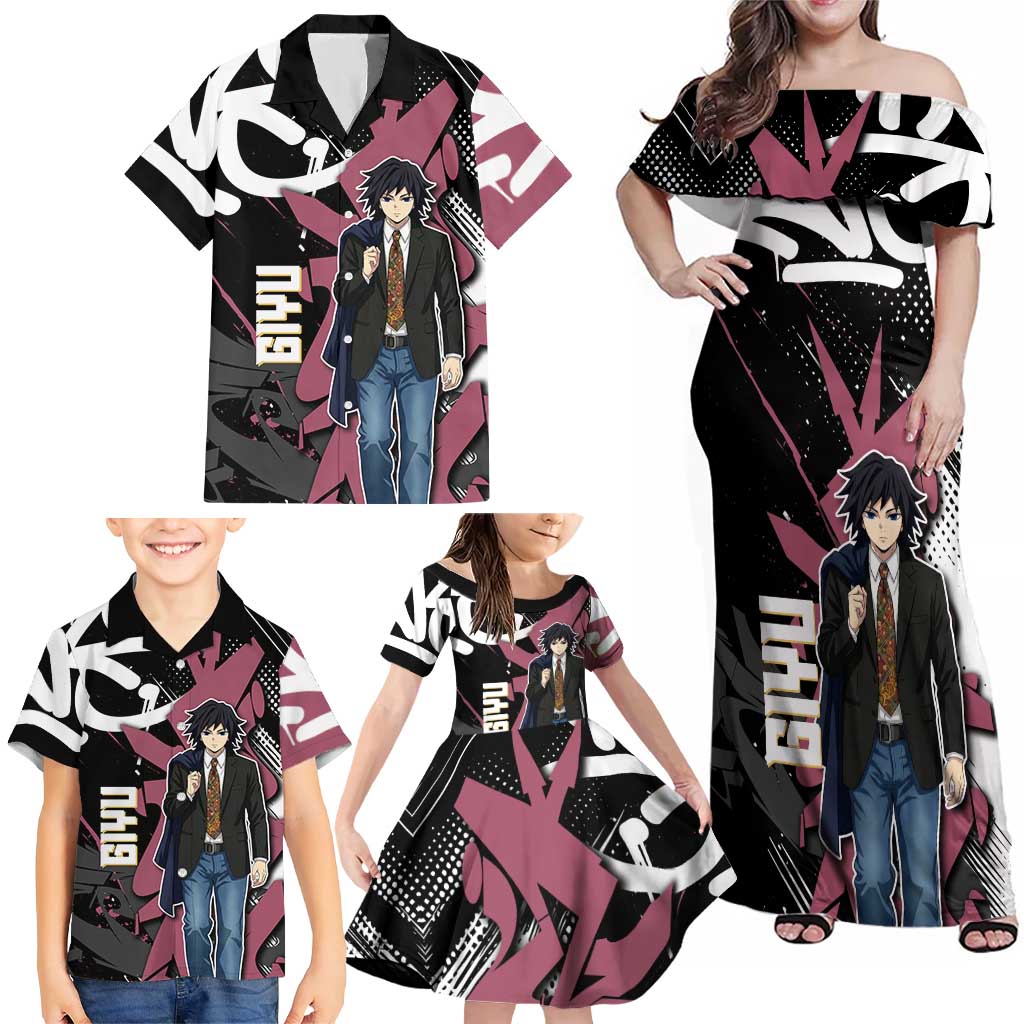 Giyu Tomioka Demon Slayer Family Matching Off Shoulder Maxi Dress and Hawaiian Shirt Red & Black Graffiti Anime