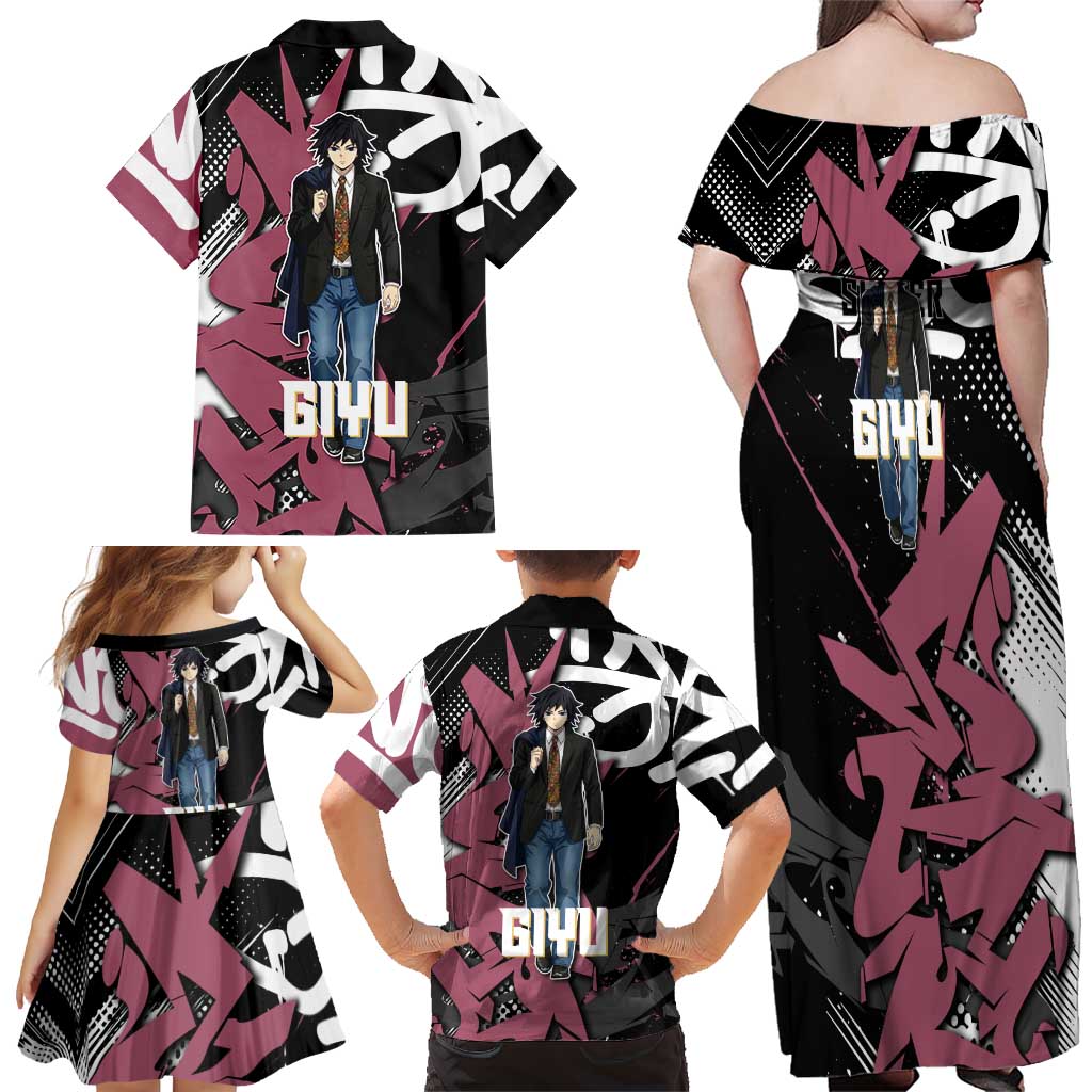 Giyu Tomioka Demon Slayer Family Matching Off Shoulder Maxi Dress and Hawaiian Shirt Red & Black Graffiti Anime