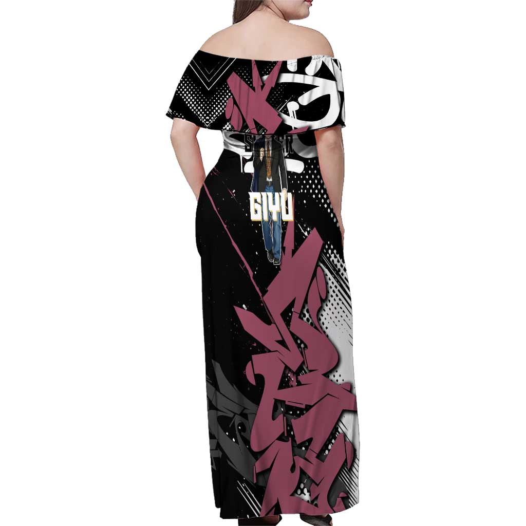 Giyu Tomioka Demon Slayer Family Matching Off Shoulder Maxi Dress and Hawaiian Shirt Red & Black Graffiti Anime