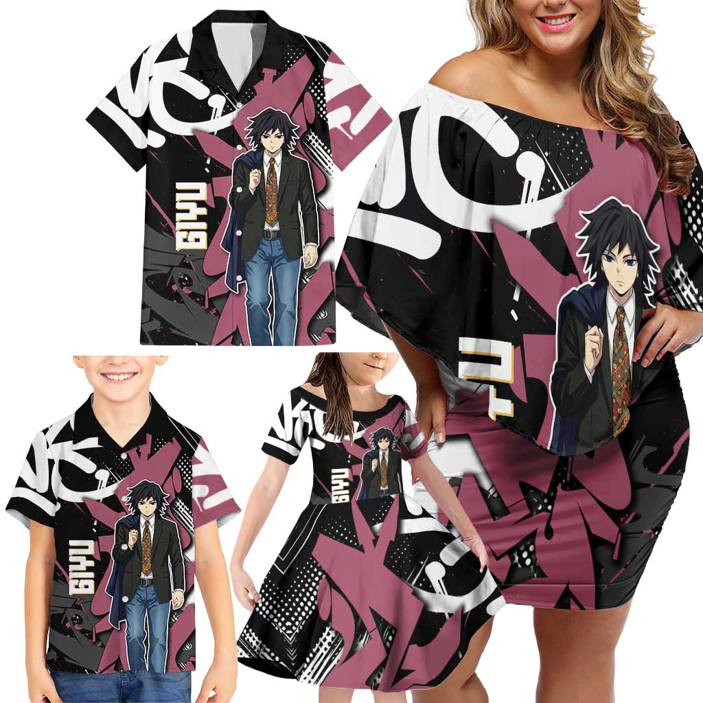 Giyu Tomioka Demon Slayer Family Matching Off Shoulder Short Dress and Hawaiian Shirt Red & Black Graffiti Anime