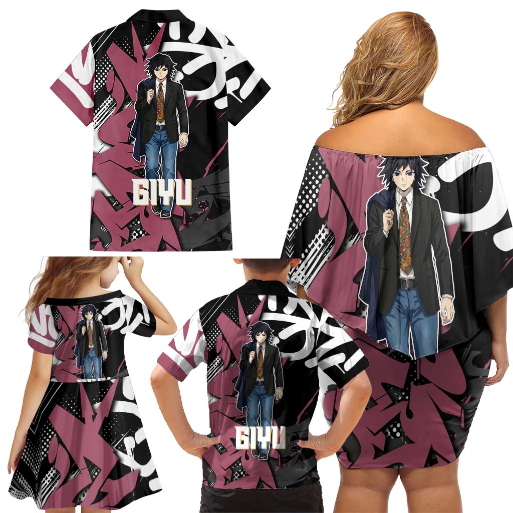 Giyu Tomioka Demon Slayer Family Matching Off Shoulder Short Dress and Hawaiian Shirt Red & Black Graffiti Anime