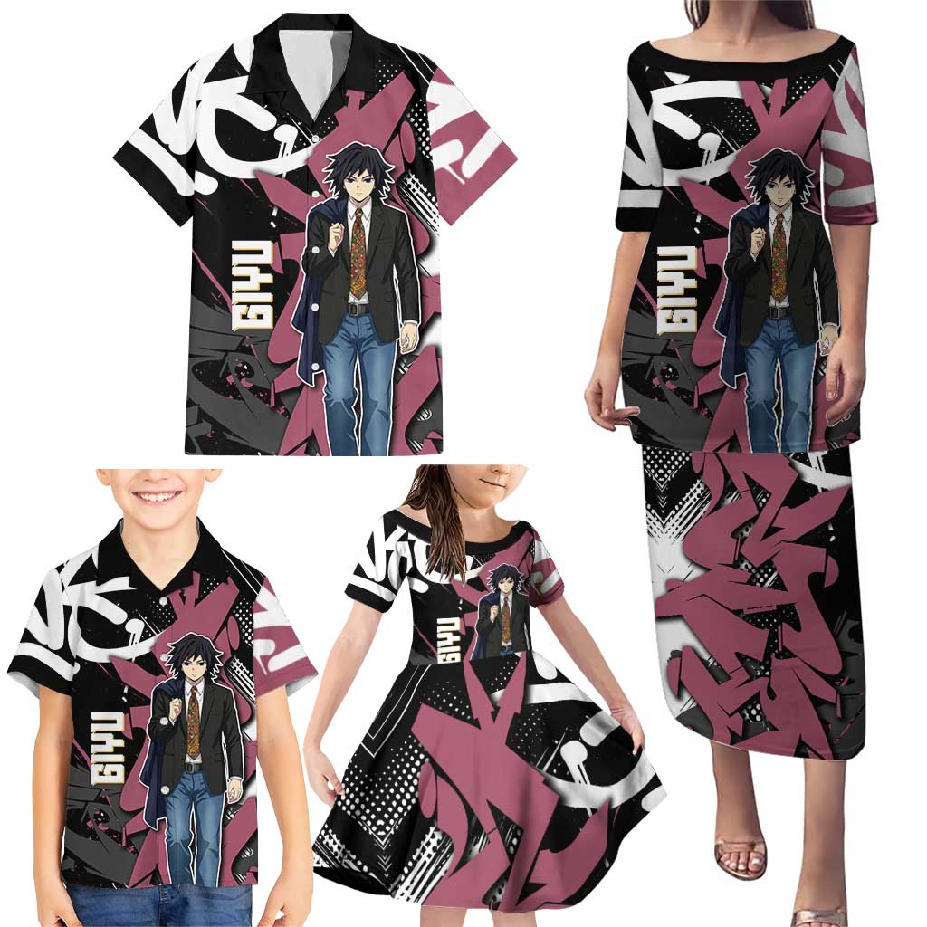 Giyu Tomioka Demon Slayer Family Matching Puletasi and Hawaiian Shirt Red & Black Graffiti Anime