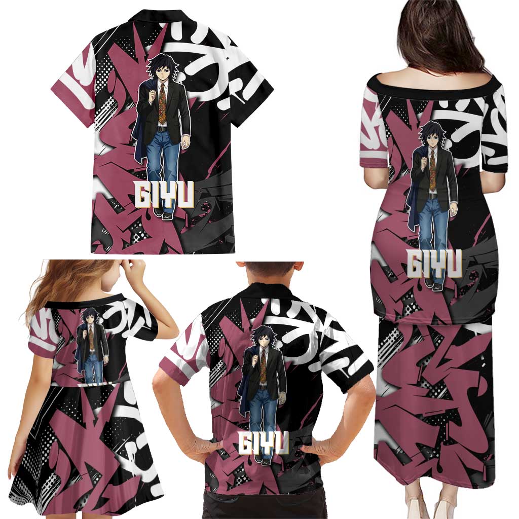 Giyu Tomioka Demon Slayer Family Matching Puletasi and Hawaiian Shirt Red & Black Graffiti Anime