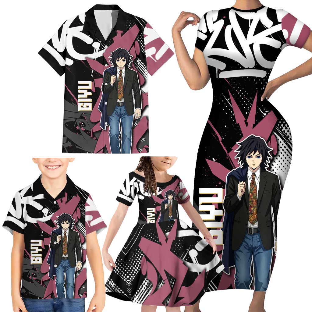Giyu Tomioka Demon Slayer Family Matching Short Sleeve Bodycon Dress and Hawaiian Shirt Red & Black Graffiti Anime