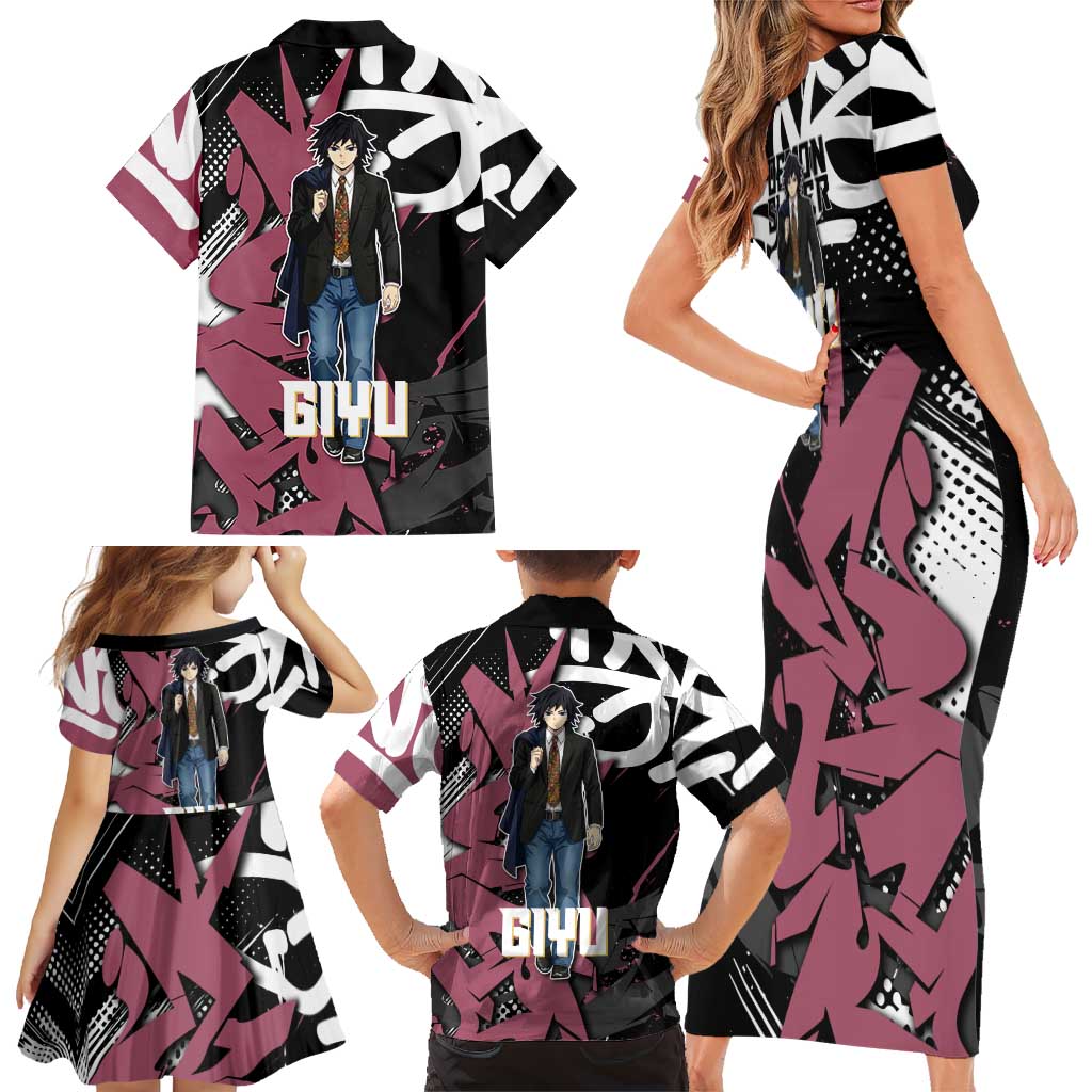 Giyu Tomioka Demon Slayer Family Matching Short Sleeve Bodycon Dress and Hawaiian Shirt Red & Black Graffiti Anime