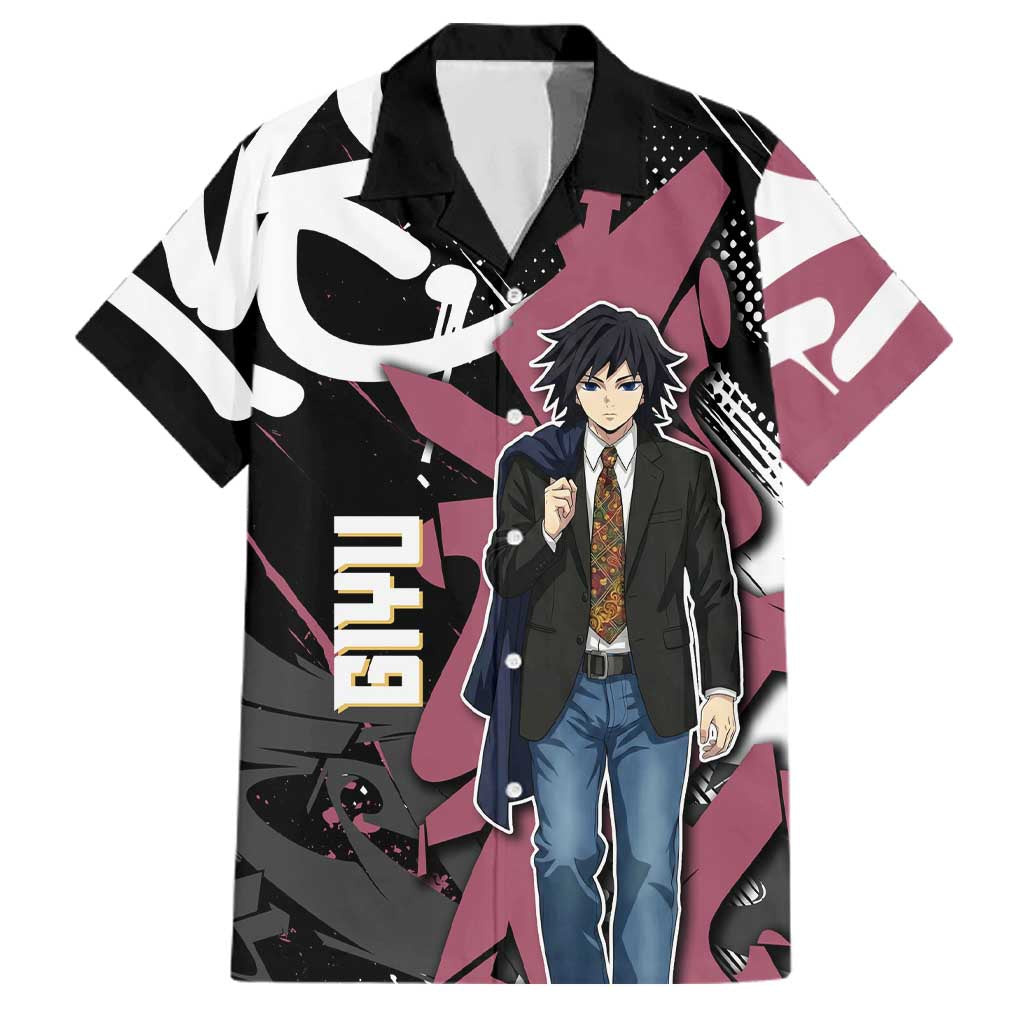Giyu Tomioka Demon Slayer Family Matching Short Sleeve Bodycon Dress and Hawaiian Shirt Red & Black Graffiti Anime