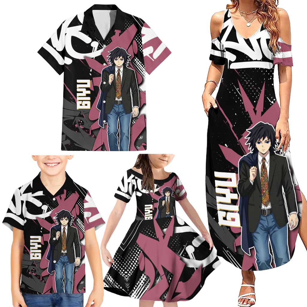 Giyu Tomioka Demon Slayer Family Matching Summer Maxi Dress and Hawaiian Shirt Red & Black Graffiti Anime