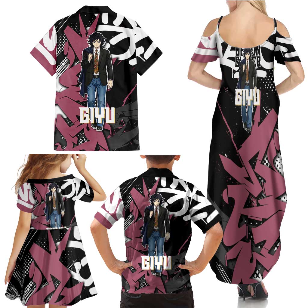 Giyu Tomioka Demon Slayer Family Matching Summer Maxi Dress and Hawaiian Shirt Red & Black Graffiti Anime