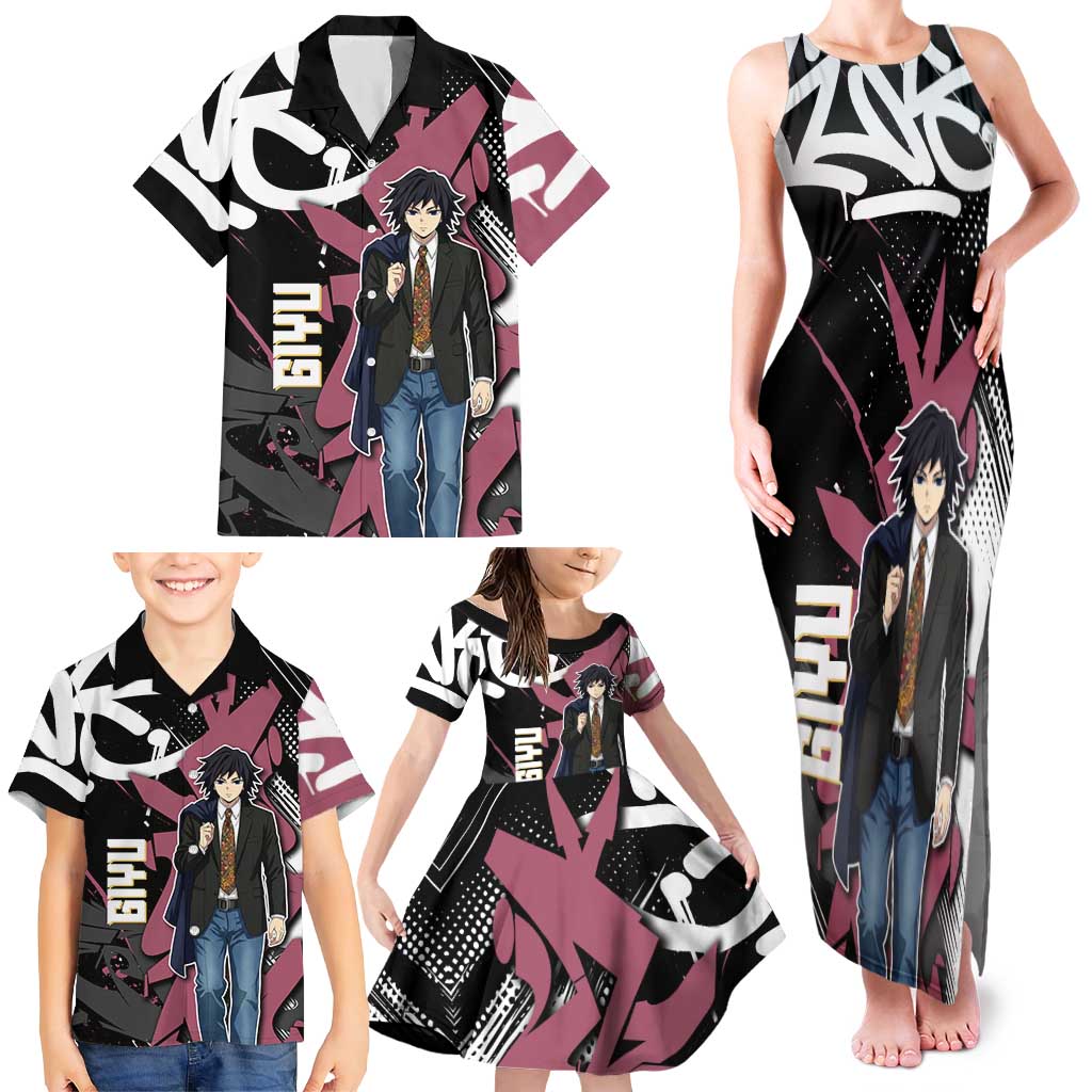 Giyu Tomioka Demon Slayer Family Matching Tank Maxi Dress and Hawaiian Shirt Red & Black Graffiti Anime